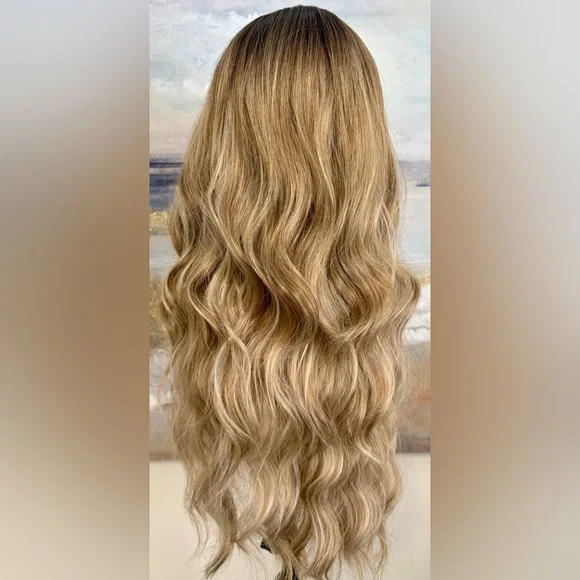 HAIR, 25” Long Wavy Layers, Center Part Bangs Ombre Med Brown/Blonde - Picture 3 of 16